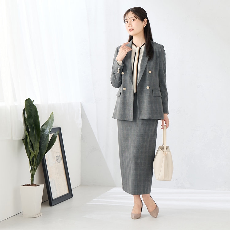 ライトストレッチ ロングタイトスカート グレーチェック セットアップ
