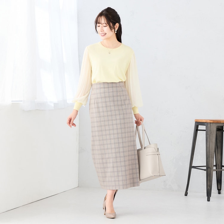 Oggiコラボ】グレージュチェック ロングタイトスカート セットアップ