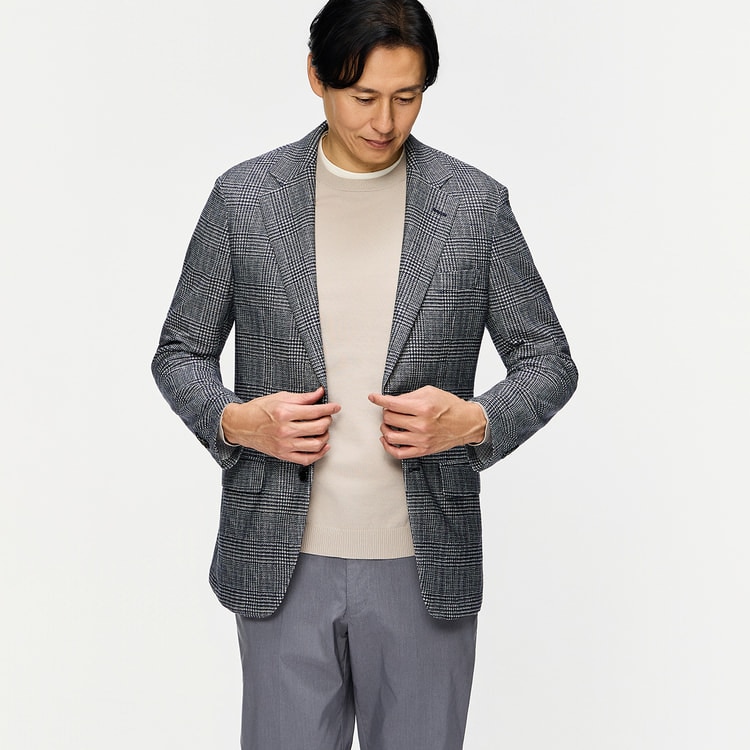 洗える 尾州ニットジャケット リネンブレンド グレンチェック LES MUES