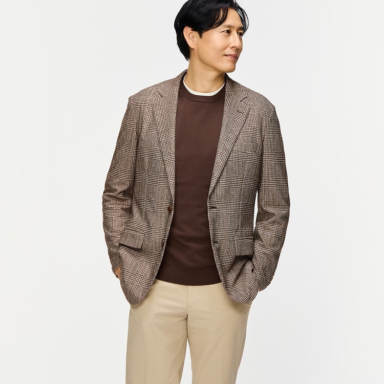 洗える 尾州ニットジャケット リネンブレンド グレンチェック LES MUES