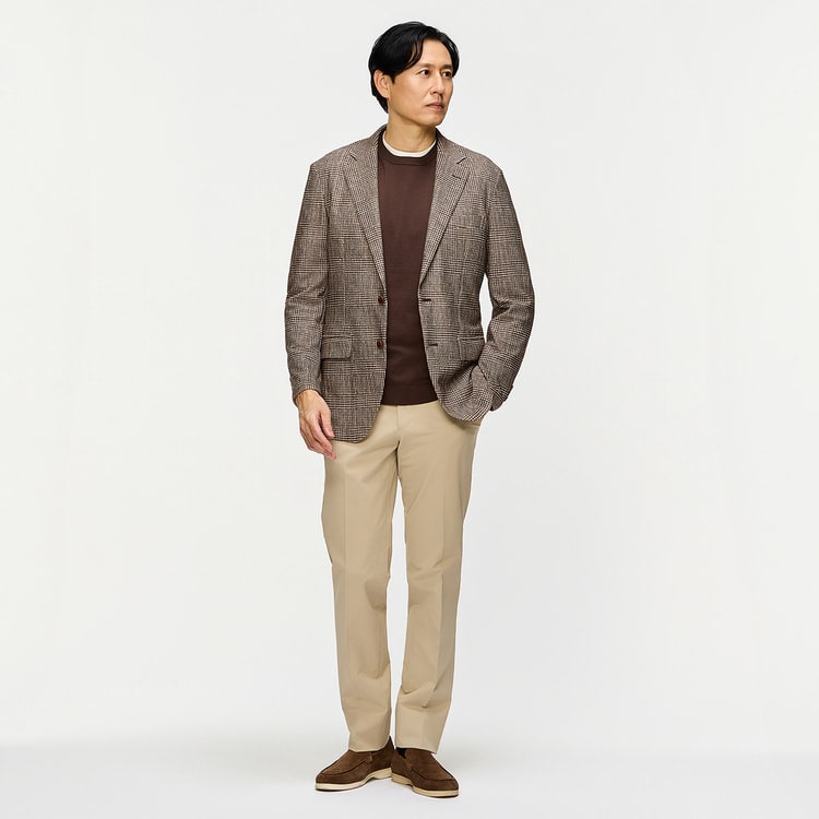 洗える 尾州ニットジャケット リネンブレンド グレンチェック LES MUES