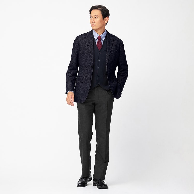尾州産ウールブレンドニットジャケット 紺 LES MUES ベーシック【AOKI 