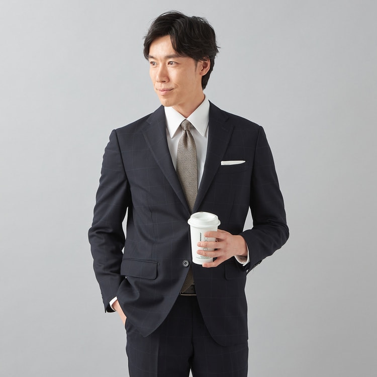 洗える ウールブレンドジャケット 紺ウィンドウペン LES MUES セット