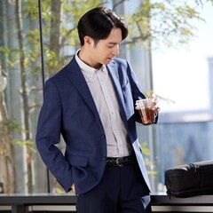 エアクール 洗えるウールブレンド メッシュチェックジャケット 紺