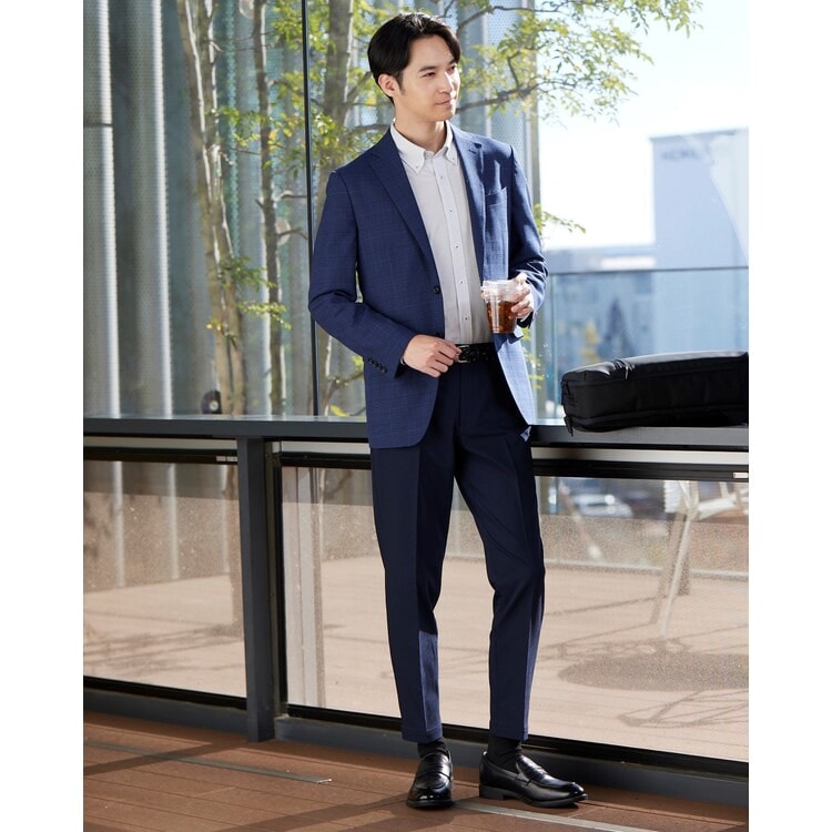 エアクール 洗えるウールブレンド メッシュチェックジャケット 紺