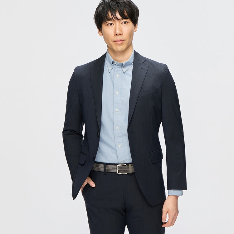 洗える スーパーストレッチジャケット シャンブレー調 紺 LES MUES