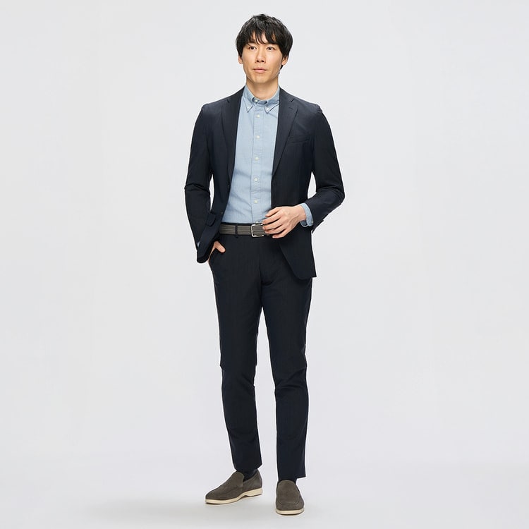 洗える スーパーストレッチジャケット シャンブレー調 紺 LES MUES