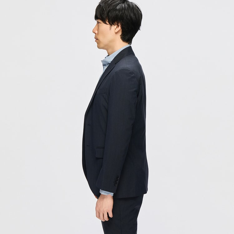 洗える スーパーストレッチジャケット シャンブレー調 紺 LES MUES 洗える スーパーストレッチジャケット シャンブレー調 紺 LES MUES