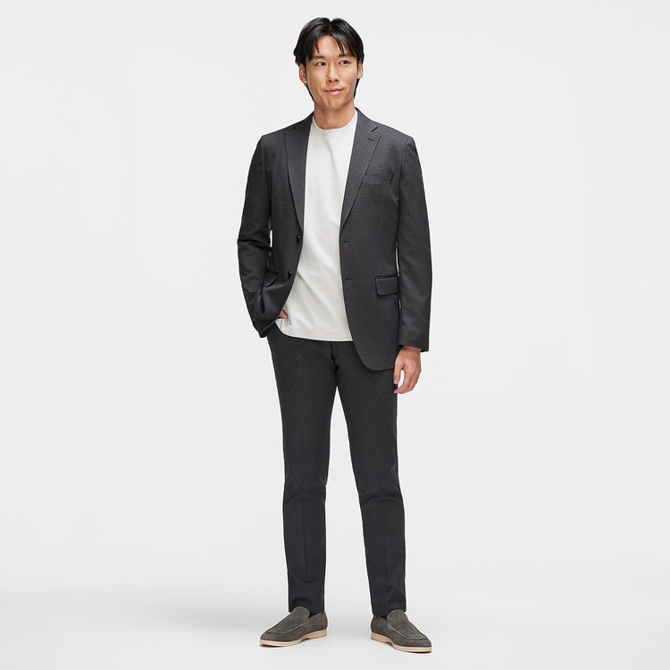 美品！LES MUES セットアップ WASHABLE ノーカラーセットアップ 洗える ノンアイロンストレッチジャケット グレーピンヘッド LES
