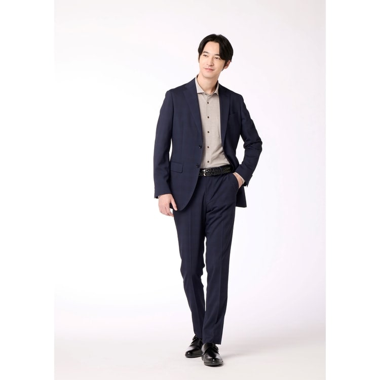 【美品】洗える＆ストレッチ！LES MUES セットアップスーツチェック 11号 洗える スーパーストレッチウール混ジャケット 紺グレンチェック LES