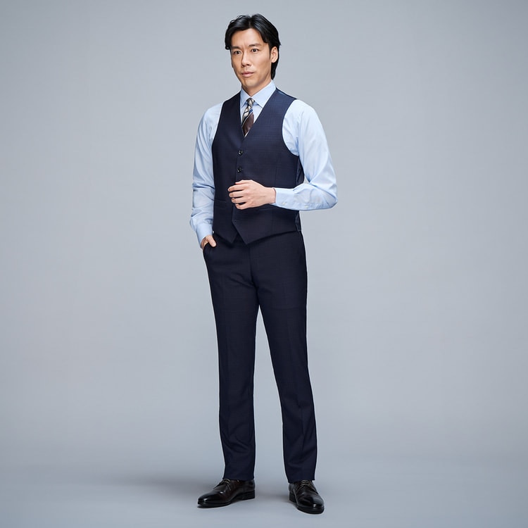大きいサイズ ダークブルー 3ピーススーツリバーシブルベスト 175cm 本切羽 リバーシブルベスト 紺×グレー JUNKO SHIMADA JS homme ス【AOKI