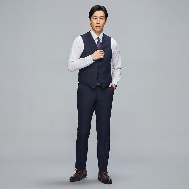 【美品】MAJI 3ピーススーツ　リバーシブルベスト付　着画あり リバーシブルベスト 紺ウィンドウペン×グレー織柄ストライプ MAJI