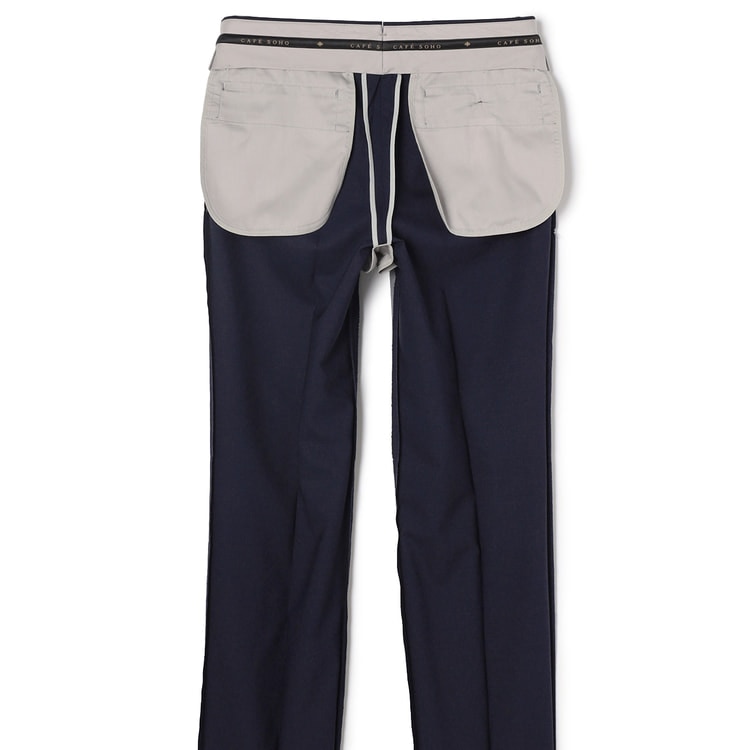 日本製 洗える シルクブレンド ノータックパンツ エミネント 紺千鳥格