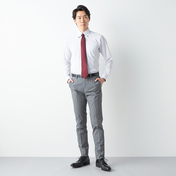 ウエストらくらく 洗える クールコットンストレッチ テーパードノータックパンツ LES MUES