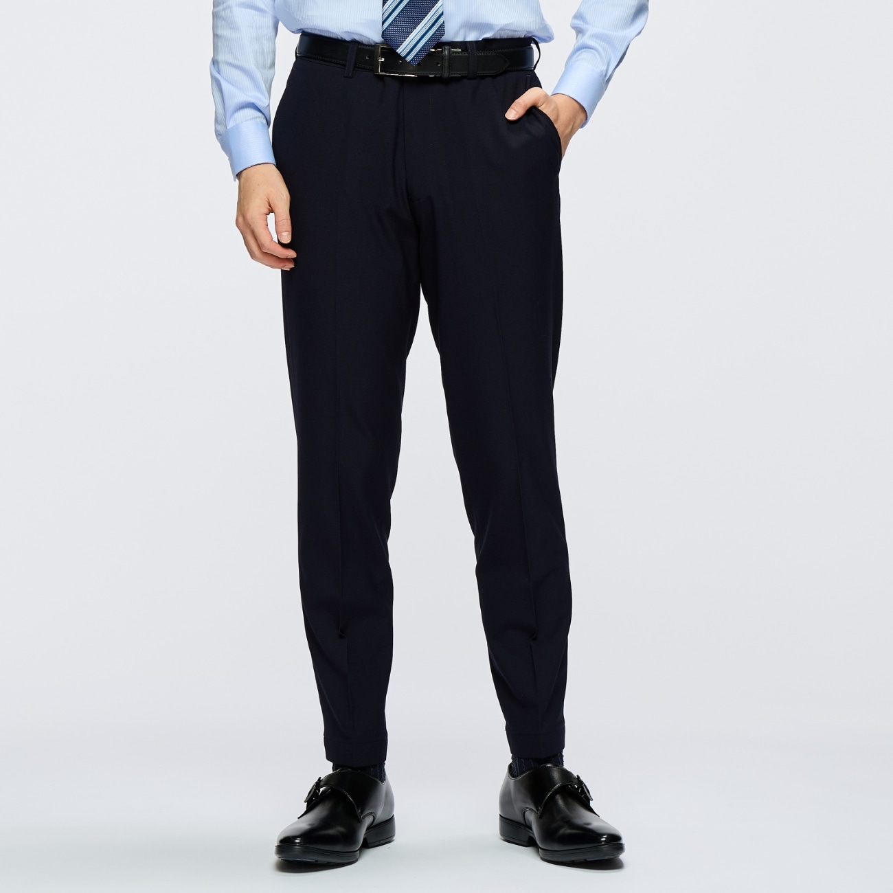 【らくQパンツ】裾上げ済 ストレッチ テーパードノータック ドレスパンツ