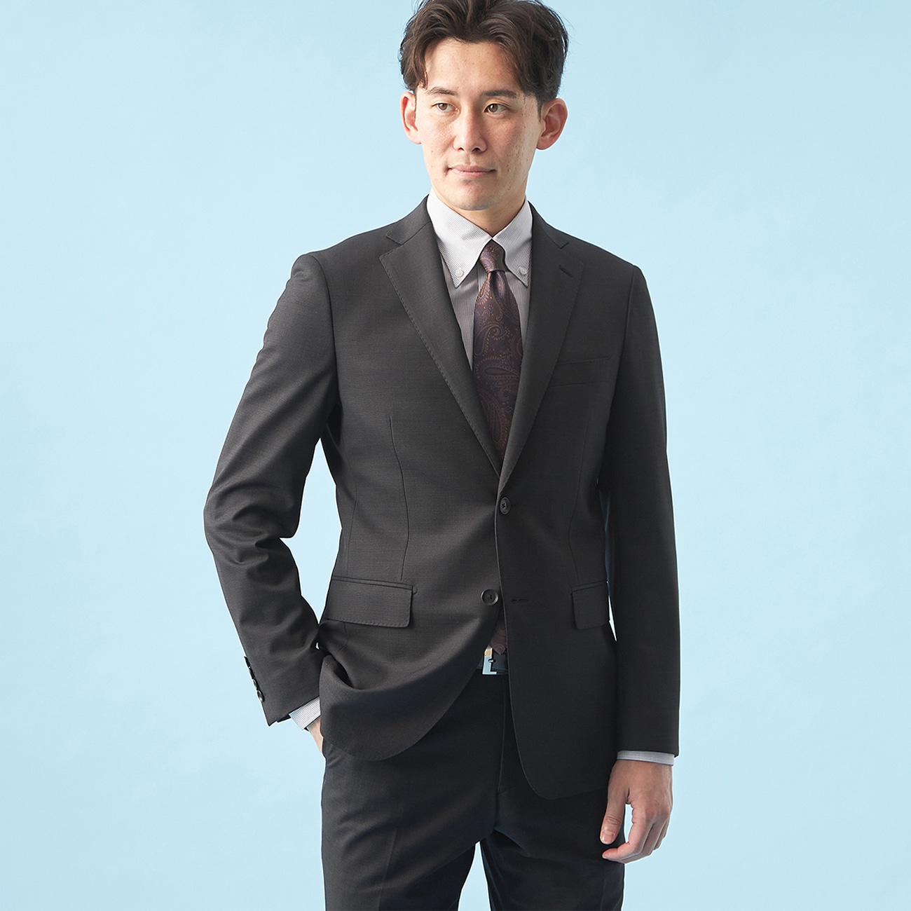 【QOS】チャコールグレーピンヘッドジャケット スリム LES MUES セットアップ着用可