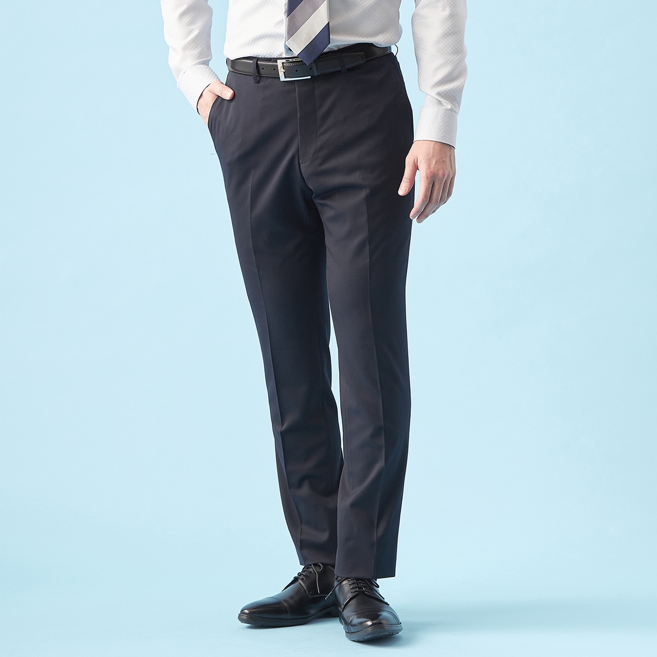 【QOS】紺無地ノータックパンツ LES MUES セットアップ着用可 【QOS】紺無地ノータックパンツ LES MUES セットアップ着用可