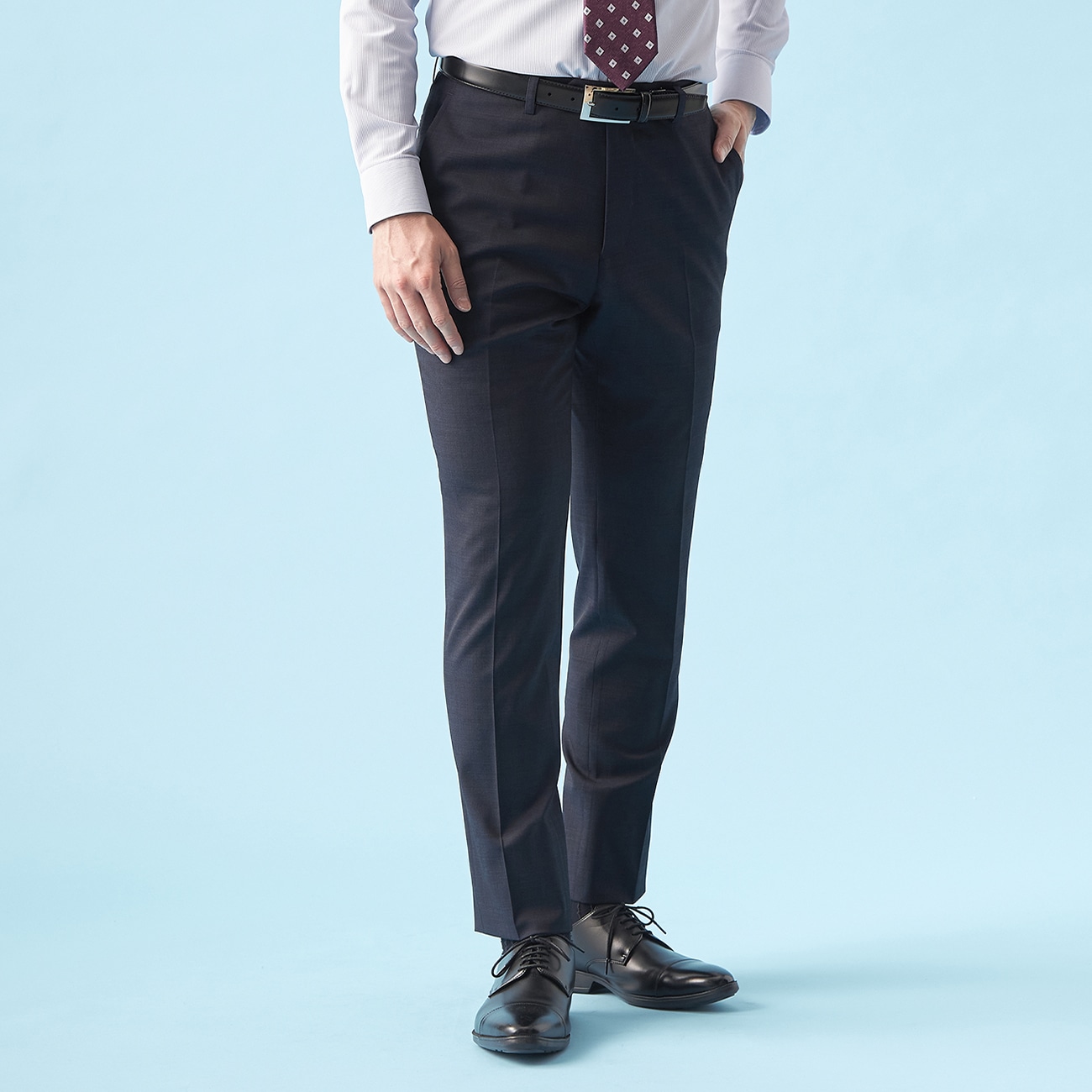 【QOS】紺ピンヘッド ノータックパンツ LES MUES セットアップ着用可 【QOS】紺ピンヘッド ノータックパンツ LES MUES セットアップ着用可