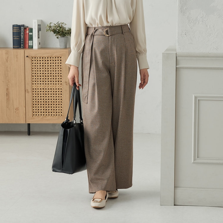 新品✨MaxMara 高級白タグ シルク混 ワイドパンツ リボンベルト ≪Oggi.jp9月掲載≫ 共布ベルト付ワイドパンツ 茶千鳥格子【AOKI