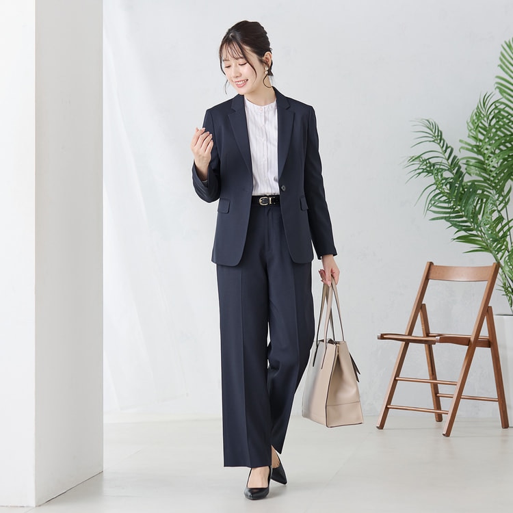 AOKI スーツ セットアップ 11号 ノーカラージャケット ワイドパンツ 特価】【夏向け】麻調グレー ノーカラージャケット セットアップ