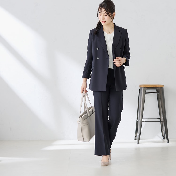 ≪Oggi4月号掲載≫ パウダリーストレッチ紺 ワイドパンツ セットアップ着用可