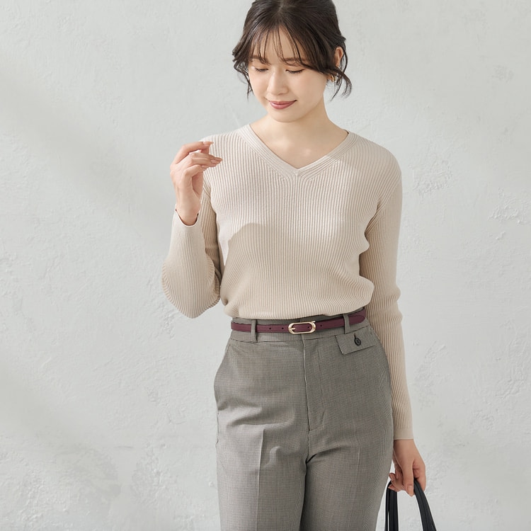 TRストレッチ フレアパンツ ベージュ千鳥格子 セットアップ着用可