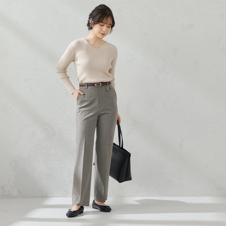 TRストレッチ フレアパンツ ベージュ千鳥格子 セットアップ着用可