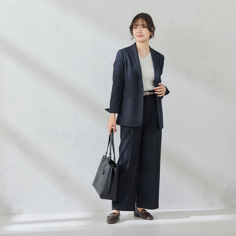 ウールライクツイード調 ワイドパンツ 紺ヘリンボーン セットアップ