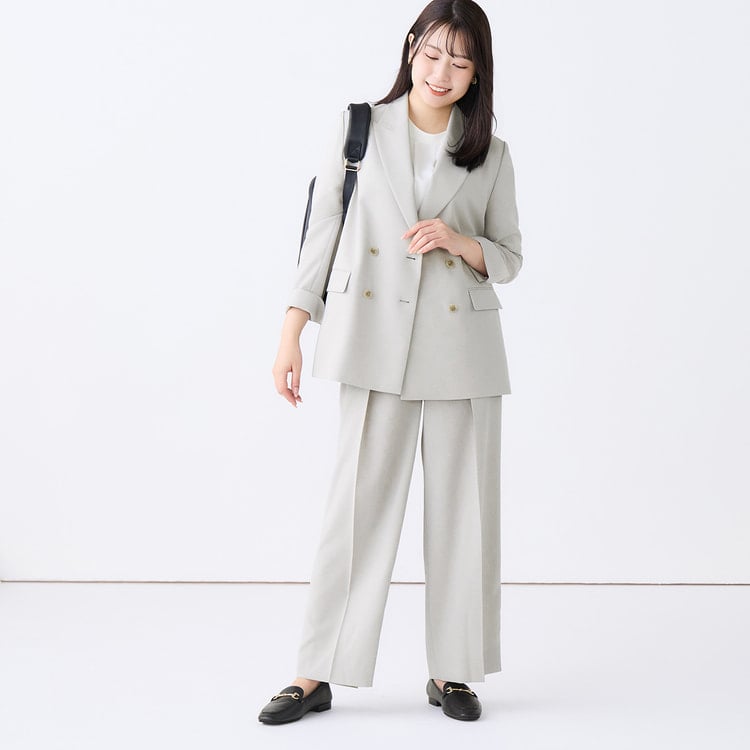 リネンライクブリーズ ワイドパンツ ライトグレー セットアップ着用可