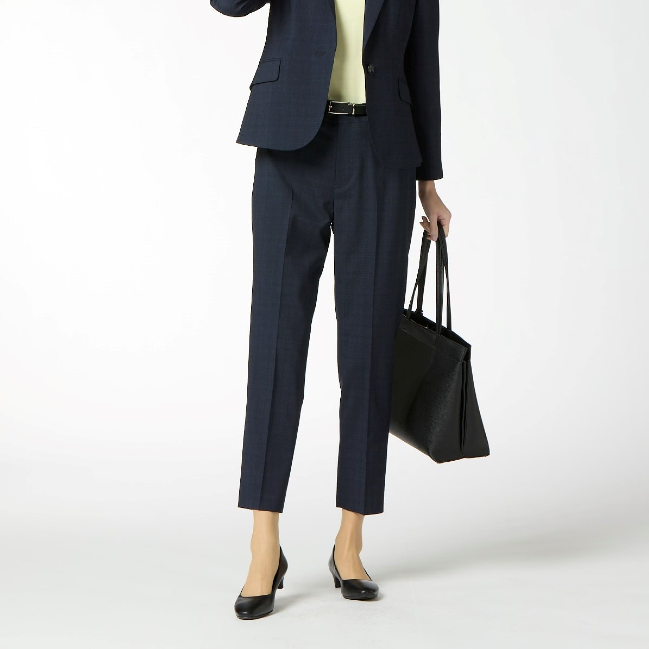 洗える360°キレイスーツ クロップドパンツ 紺チェック セットアップ