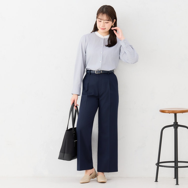 三通流スーツ〉タックワイドパンツ｜洗える・ストレッチ｜紺