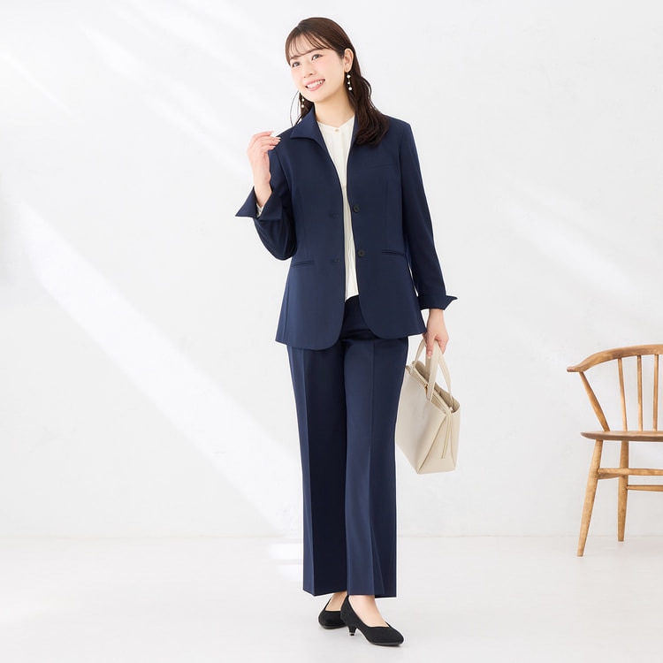 三通流スーツ〉タックワイドパンツ｜洗える・ストレッチ｜紺