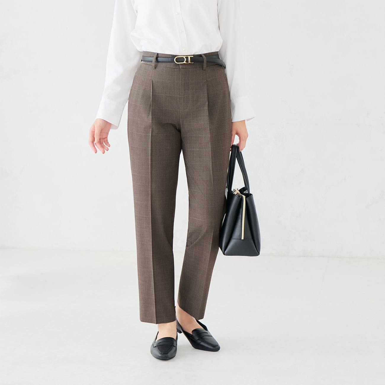 クラシックストレッチテーパードクロップドパンツ｜洗える・防しわ｜茶・チェック｜裾上げ済み