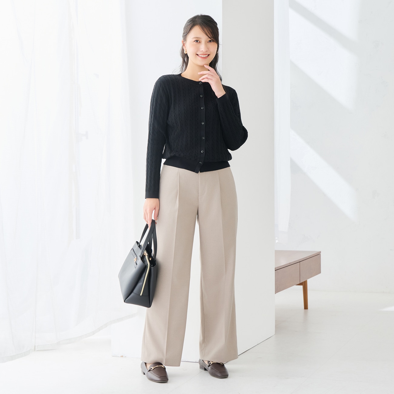 ネップツイードワイドパンツ|洗える・保温|グレージュ・織柄|裾上げ済み|セットアップ対象