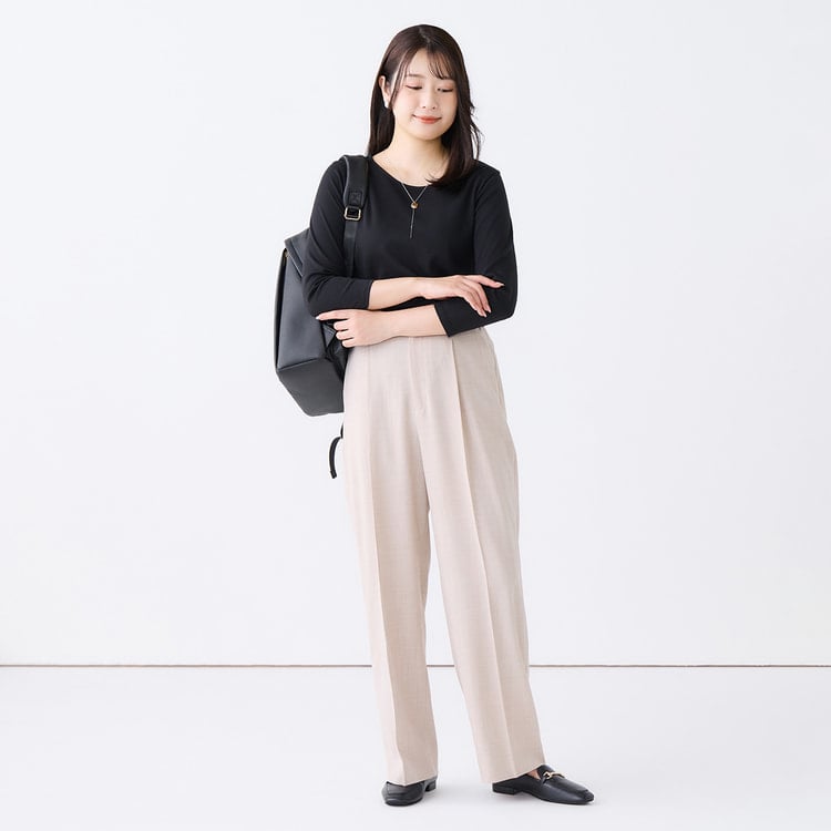 バレリーナパンツ〉洗える・防しわ｜ベージュ・バイカラー｜ワイド｜裾