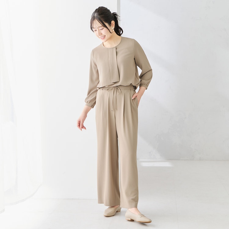 ドローコード付きワイドパンツ｜洗える・遮熱｜ベージュ・無地調｜裾