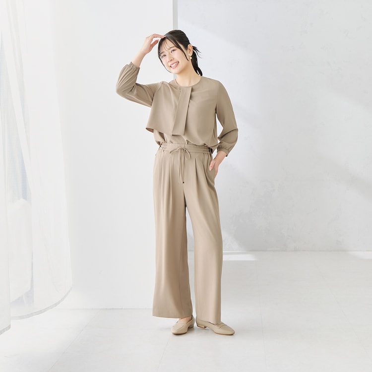 ドローコード付きワイドパンツ｜洗える・遮熱｜ベージュ・無地調｜裾