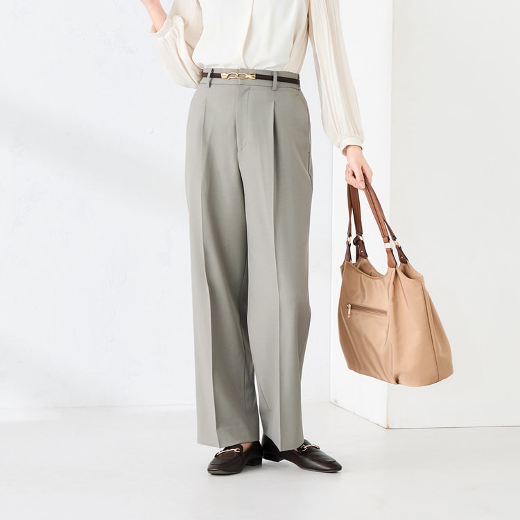 バレリーナパンツ〉洗える・防しわ｜グレージュ・無地調｜ワイド｜裾