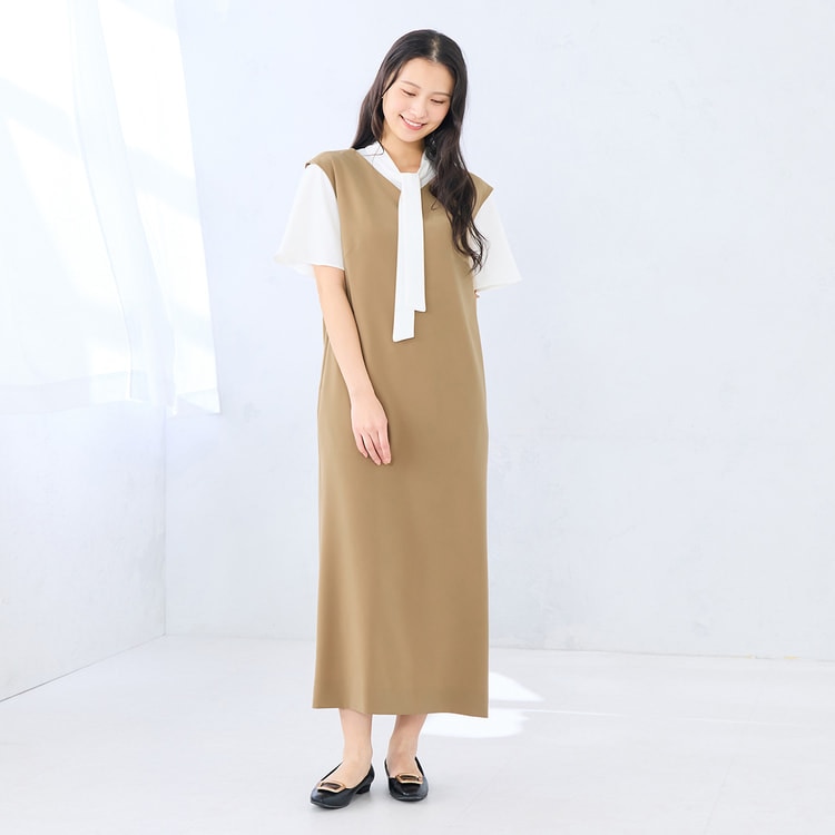 ドレープストレッチ ワンピース キャメル セットアップ着用可【AOKI