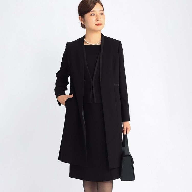 着丈100cm以上】 洗える ノーカラーロングジャケット ボレロ風7分袖  