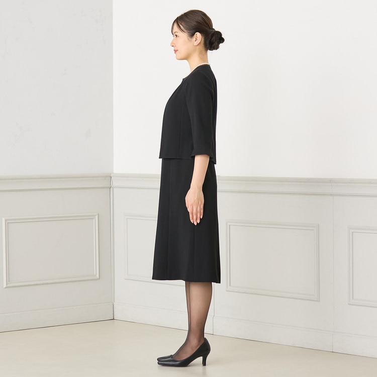新品☆LL紺×黒系♪重ね着風レース切替スタンドカラー上品ワンピース♪☆a517