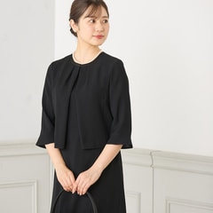 【特価】【着丈100cm以上】洗える スタンドカラージャケット ボレロ風7分袖ウエストゴム前開きワンピース