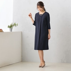 【セレモニー用】【着丈100cm以上】洗えるツイードノーカラージャケット リボンベルト付き前開きワンピース 紺