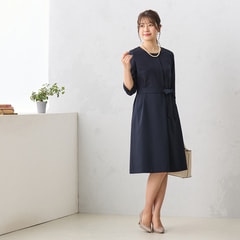 【セレモニー用】【着丈100cm以上】洗えるツイードノーカラージャケット リボンベルト付き前開きワンピース 紺
