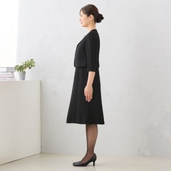 【着丈100cm以上】洗えるノーカラージャケット ボレロ風7分袖前開きワンピース