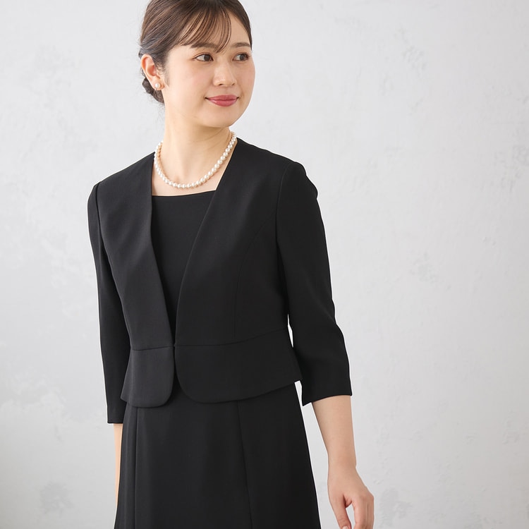 【着丈100cm以上】洗えるノーカラージャケット ボレロ風7分袖前開きワンピース