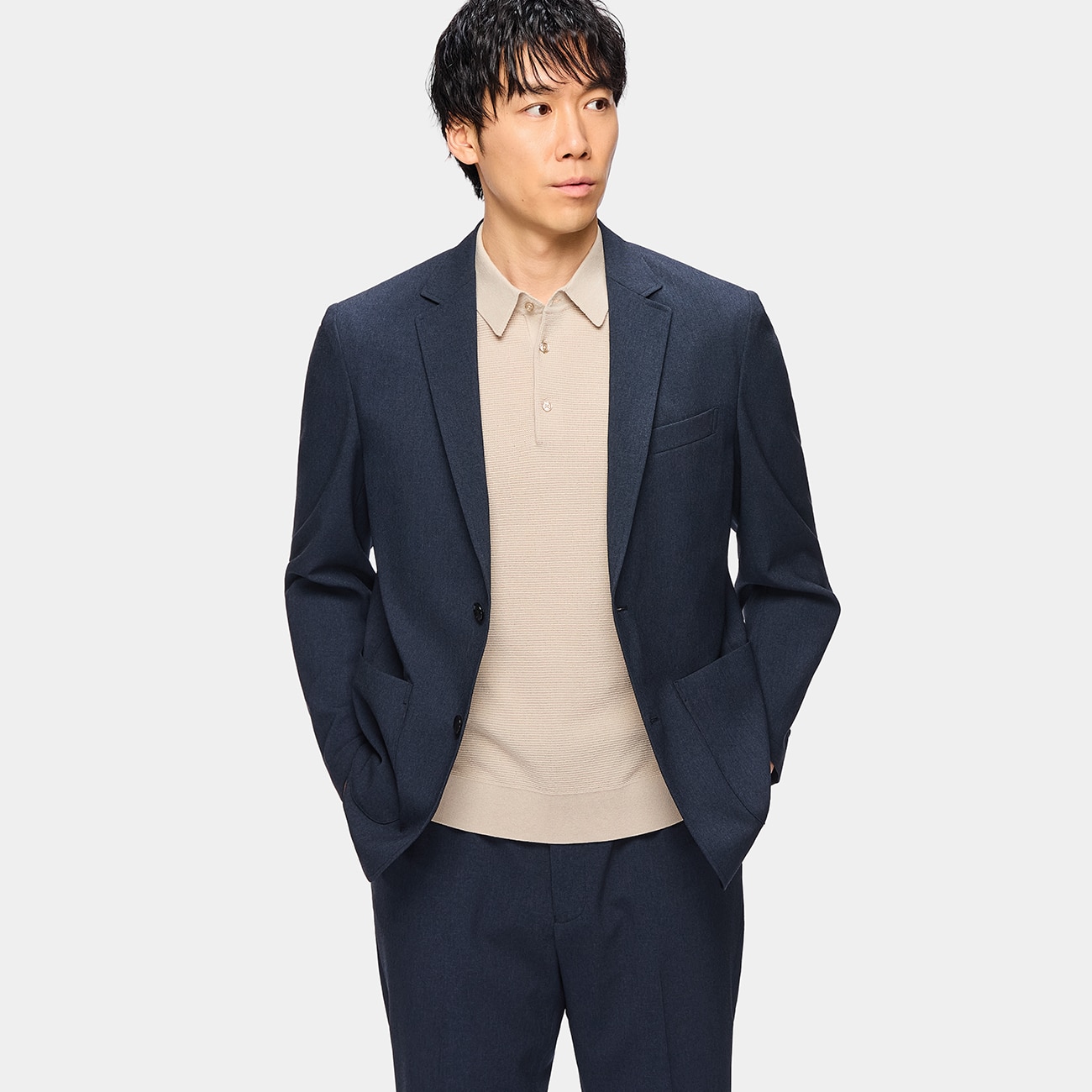 【L＆Wデザイン】洗える ストレッチセットアップジャケット 紺 セットアップ着用可