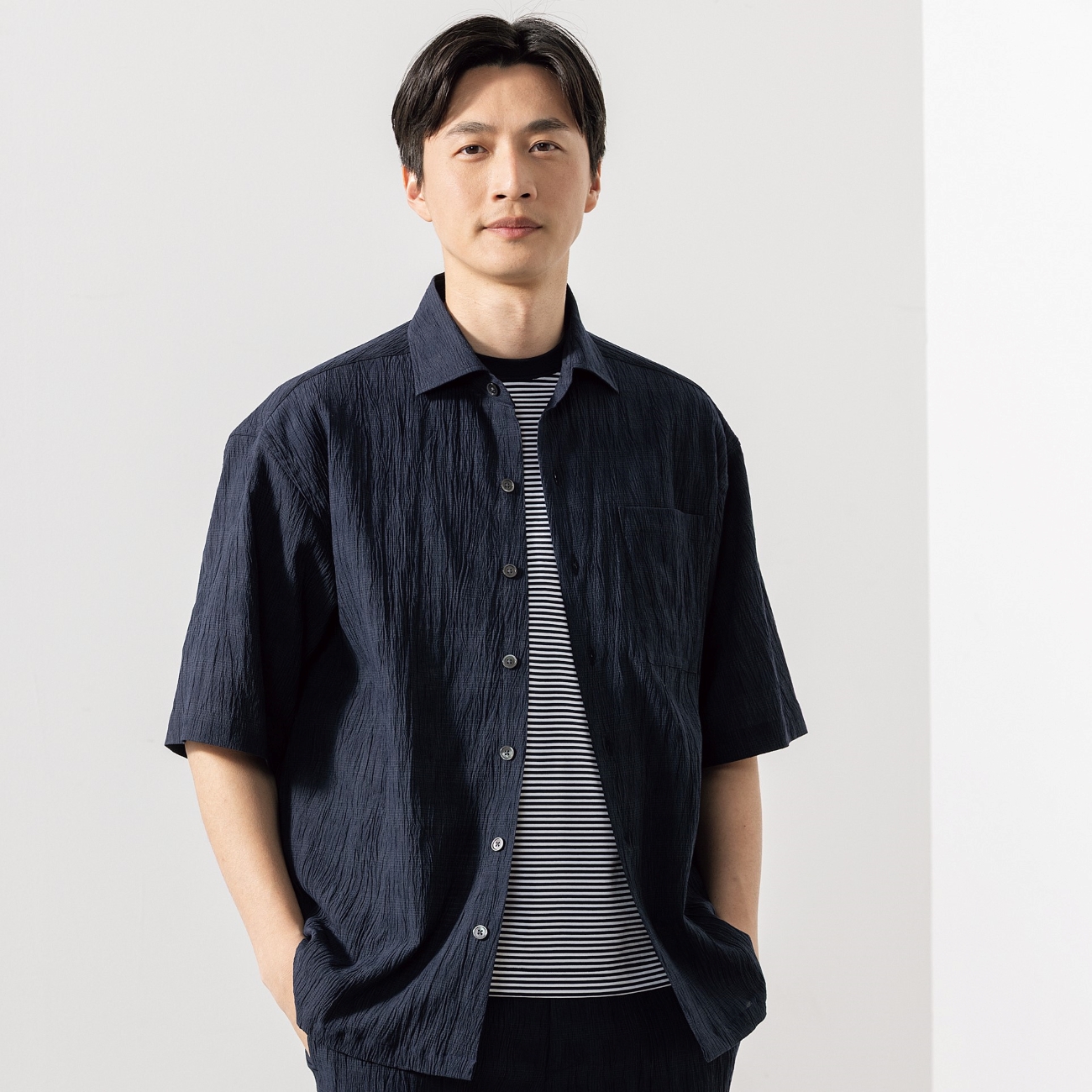 【パジャマスーツ】エアクール 楊柳ストレッチジャケッツ 紺 セットアップ着用可 【パジャマスーツ】エアクール 楊柳ストレッチジャケッツ 紺 セットアップ着用可