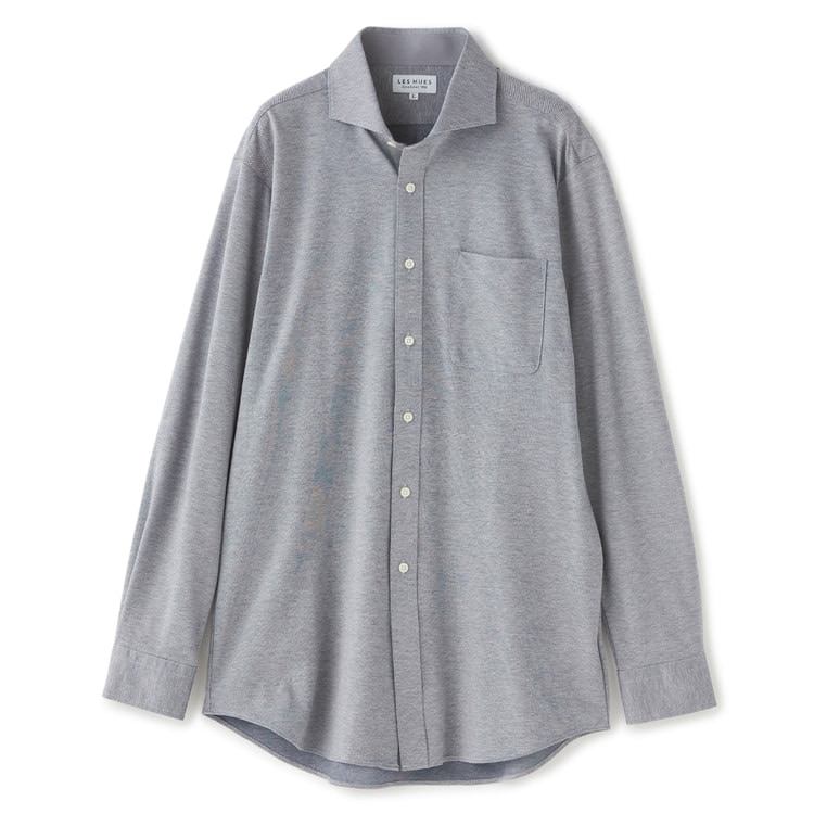 [Biz Knit shirt] Non-iron Stretch Wide collar shirt Gray Woven pattern plain LES MUES