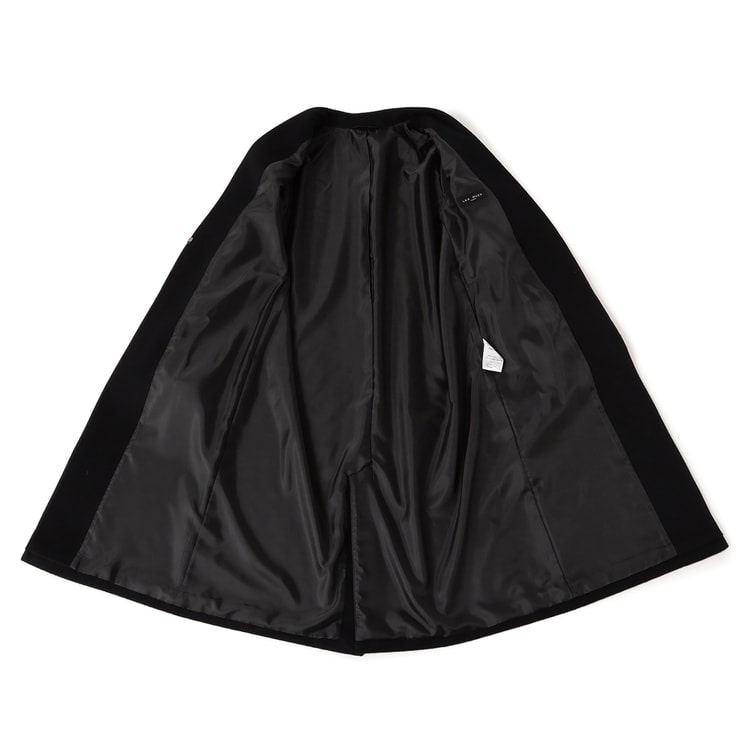 日本製素材 静電気防止 スタンドノーカラー ウール混コート 黒【AOKI 